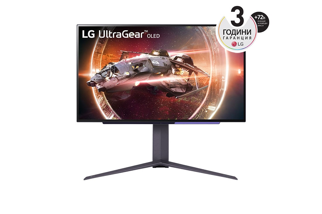 LG 27” UltraGear™ OLED 16:9 аспектно съотношение QHD монитор за игри с 240 Hz честота на опресняване, изглед отпред, 27GS95QE-B
