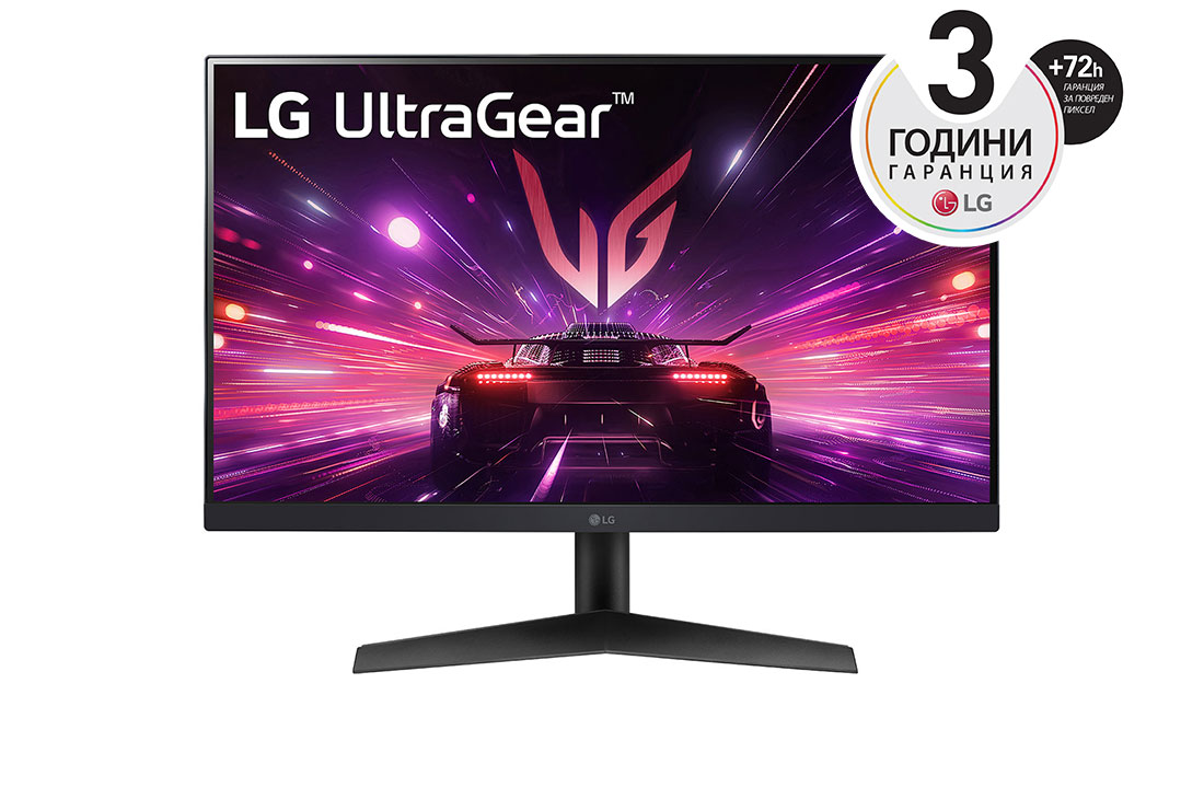 LG 24'' UltraGear™ IPS 16:9 аспектно съотношение FHD монитор за игри със 180 Hz честота на опресняване, изглед отпред, 24GS60F-B