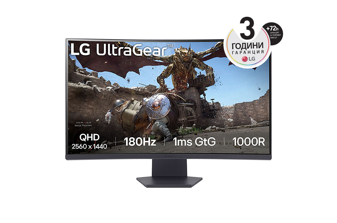 LG 32” UltraGear™ 16:9 QHD извит монитор за игри със 180 Hz честота на опресняване, изглед отпред, 32GS60QC-B