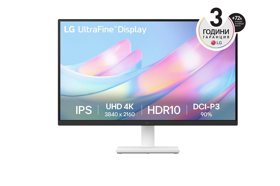 LG 27” UltraFine™ 16:9 аспектно съотношение 4K IPS монитор с честота на опресняване 60 Hz, изглед отпред, 27US500-W