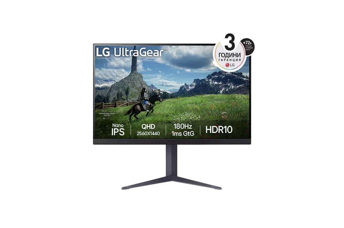 LG 32 инча UltraGear™ QHD Nano IPS 180Hz монитор за игри | 1ms (GtG), HDR10, изглед отпред, 32GS85Q-B