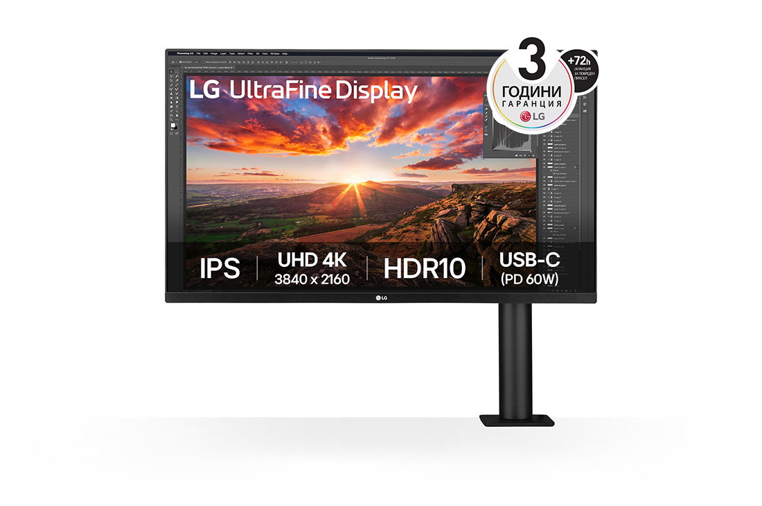 LG 32” UltraFine™ 16:9 аспектно съотношение 4K IPS Ergo монитор с честота на опресняване 60 Hz, изглед отпред - рамото на монитора е отдясно, 32UN880K-B