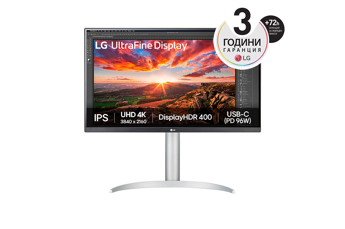 LG 27” UltraFine™ 16:9 аспектно съотношение 4K IPS монитор с честота на опресняване 60 Hz, изглед отпред, 27UP850K-W