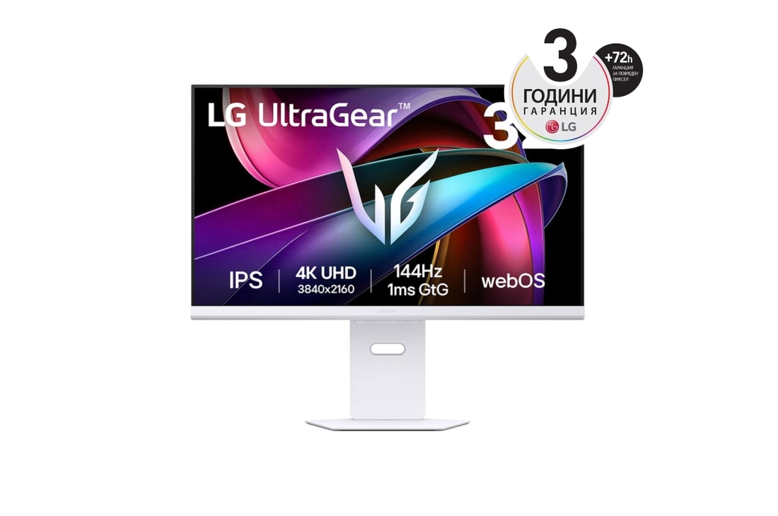 LG 32'' UltraGear™ IPS 16:9 4K UHD AI интелигентен монитор за игри със 144Hz честота на опресняване, изглед отпред, 32G810SA-W