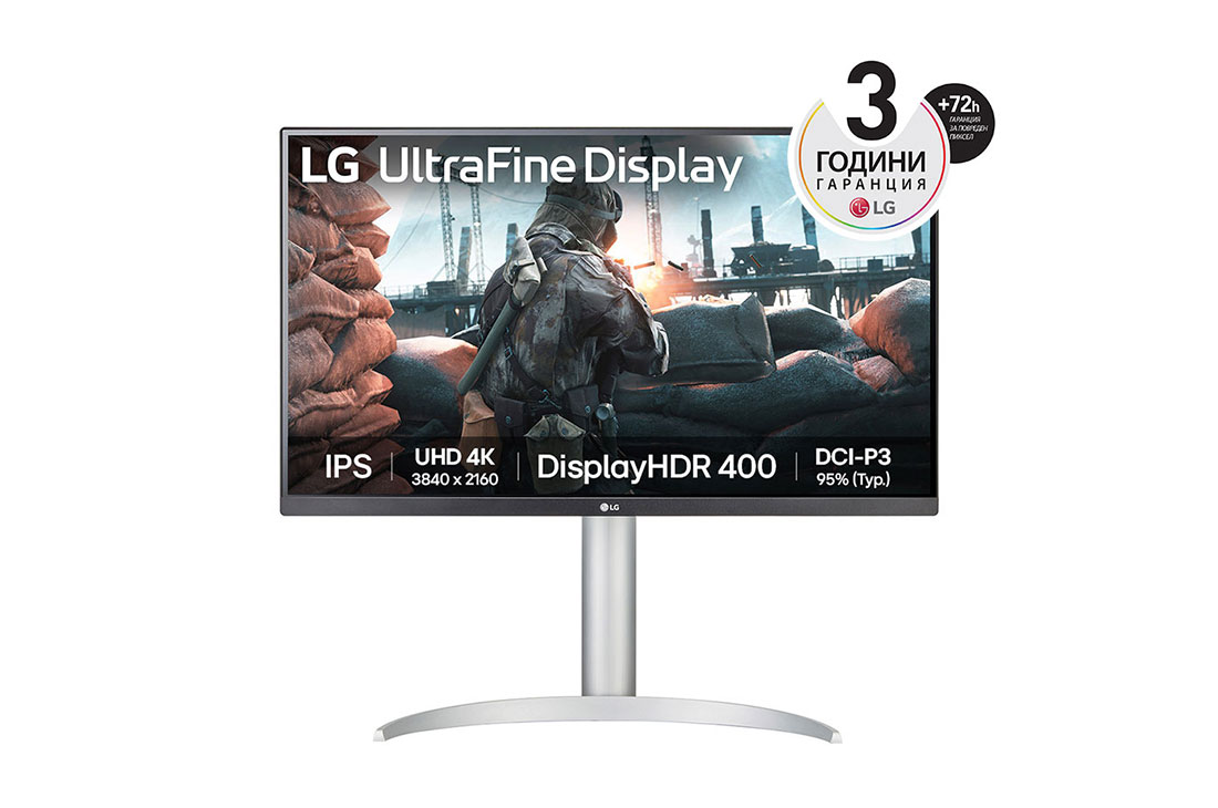 LG 27” UltraFine™ 16:9 аспектно съотношение 4K IPS монитор с честота на опресняване 60 Hz, Изглед отпред, 27UP650K-W