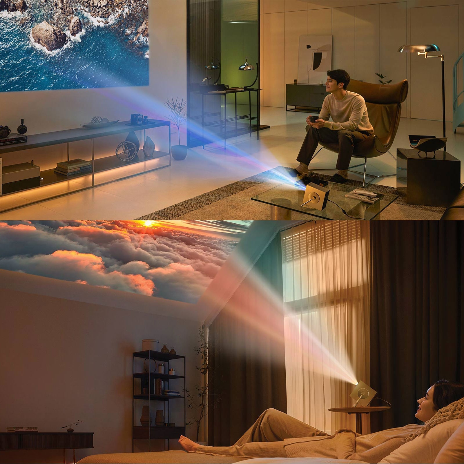 Различни сцени при използването на LG CineBeam HU710PB –- дневна и спалня.