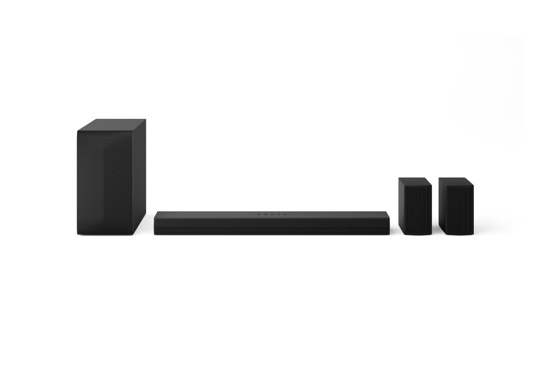 LG саунбар за телевизор 5.1 channel S60TR 2024, Преден изглед на LG Soundbar S60TR, събуфъра и задните високоговорители, S60TR