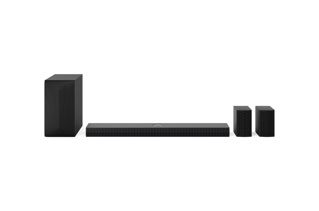 LG Саундбар за ТВ с Dolby Atmos 5.1.1 channel S70TR 2024, Преден изглед на LG Soundbar S70TR, събуфъра и задните високоговорители, S70TR