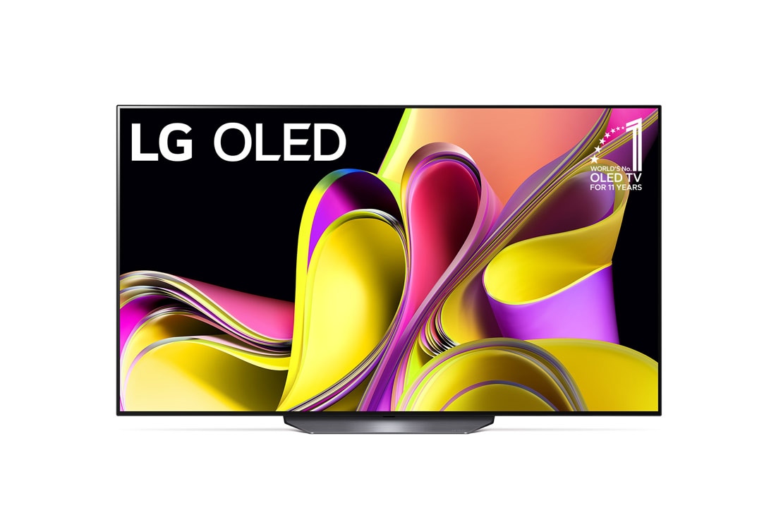 LG OLED B3 65-инчов 4K смарт телевизор от 2023 г., Изглед отпред на OLED телевизор на LG и емблема „11 години OLED телевизор №1 в света“., OLED65B33LA