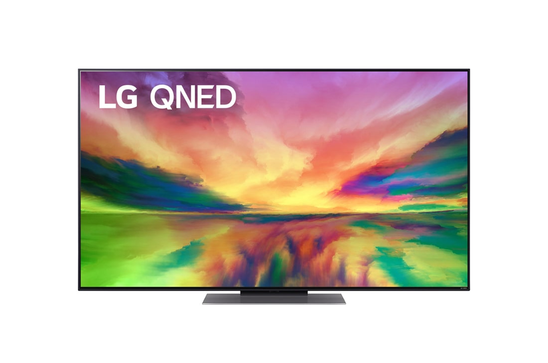 LG QNED 81 55-инчов 4K смарт телевизор от 2023 година, Изглед отпред на телевизора LG QNED с изображение и лого на продукта, 55QNED813RE