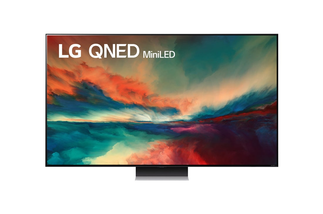 LG QNED MiniLED 86 75-инчов 4K смарт телевизор от 2023 година, Изглед отпред на телевизора LG QNED с изображение и лого на продукта, 75QNED863RE