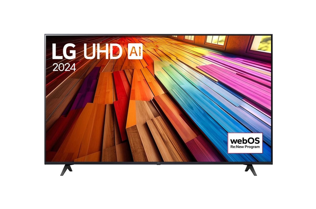 LG 65-инчов LG UHD AI UT80 4K смарт телевизор 2024, Изглед отпред на LG UHD TV, UT80 с текст на LG UHD AI ThinQ и 2024 на екрана, 65UT80003LA