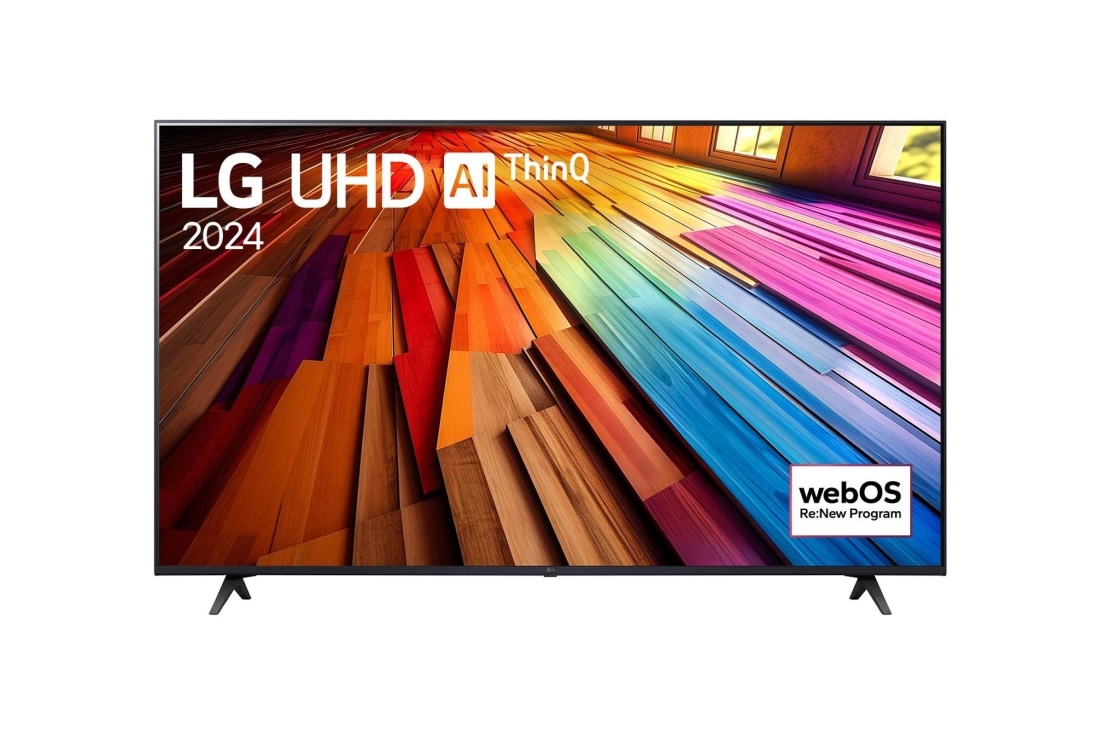 LG 65-инчов LG UHD UT80 4K смарт телевизор 2024, Изглед отпред на LG UHD TV, UT80 с текст на LG UHD AI ThinQ и 2024 на екрана, 65UT80003LA