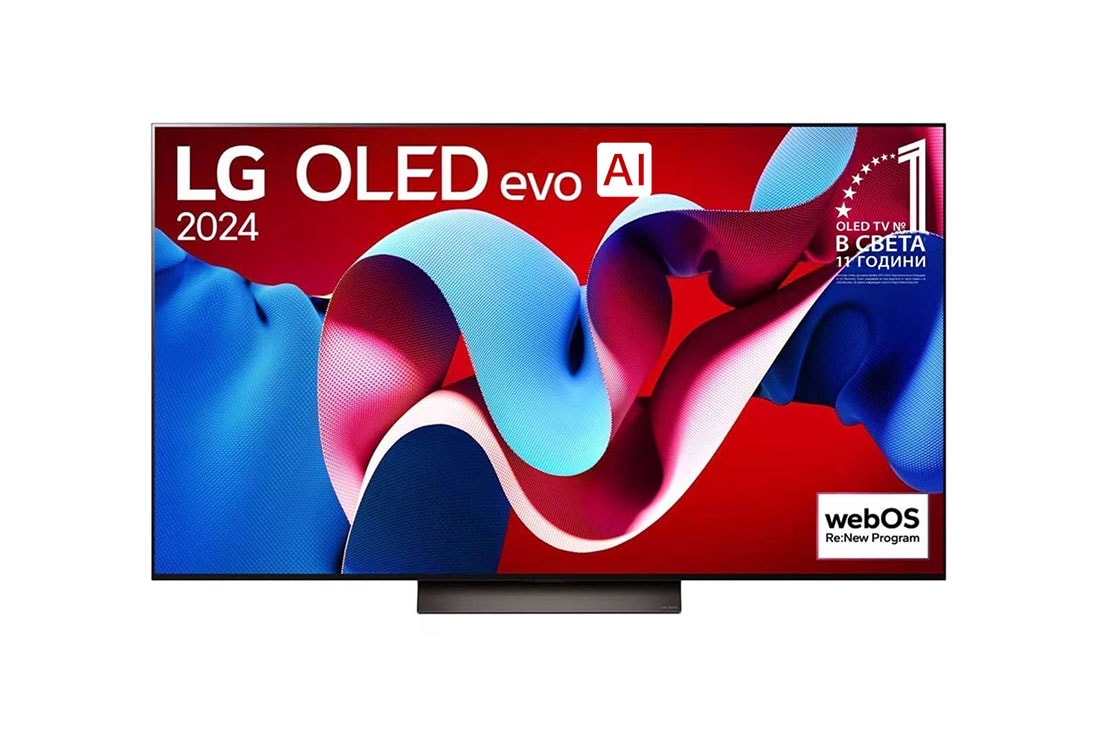 LG OLED evo AI C4 77-инчов 4K смарт телевизор 2024, Изглед отпред на телевизор LG OLED evo TV, OLED C4, 11 години номер 1 в света, емблемата OLED и webOS Re:New Program на екрана, както и Soundbar долу, OLED77C41LA