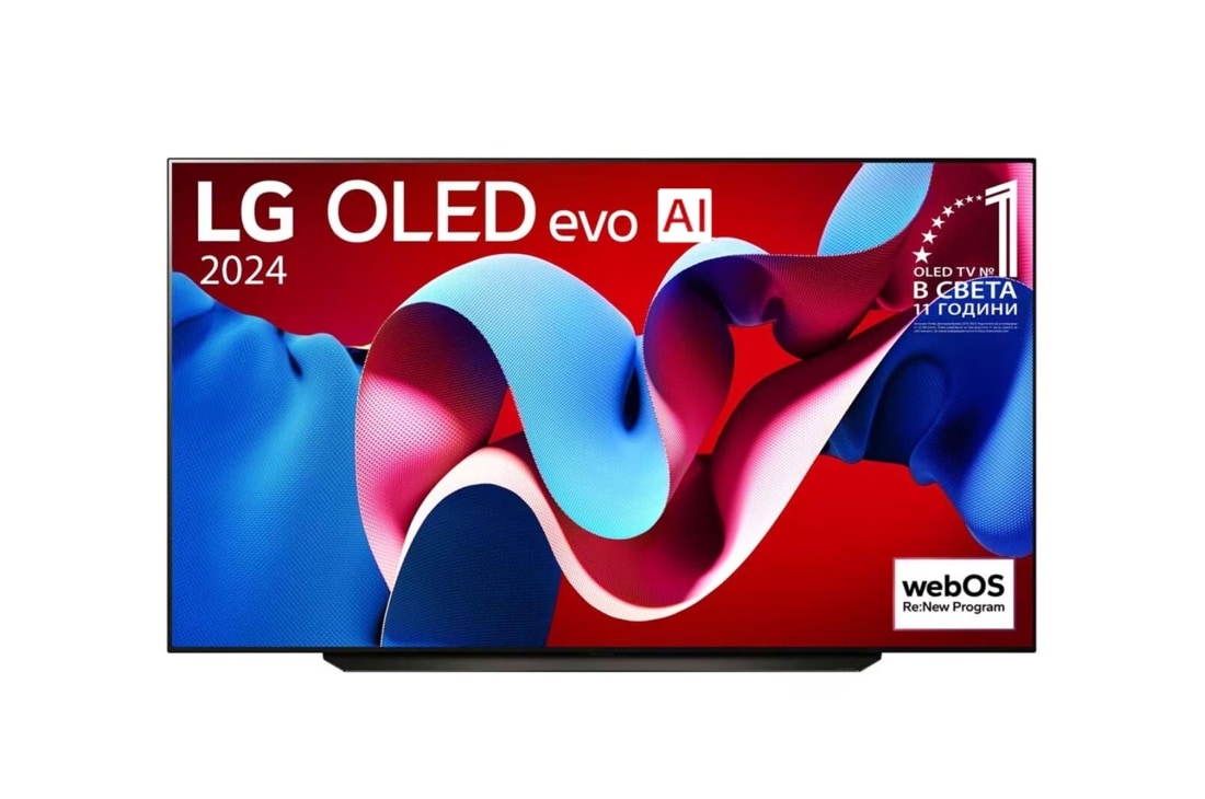 LG OLED evo AI C4 83-инчов 4K смарт телевизор 2024, Изглед отпред на LG OLED evo AI TV, OLED C4, 11 години номер 1 в света, лого с емблемата OLED и webOS Re:New Program на екрана, OLED83C41LA