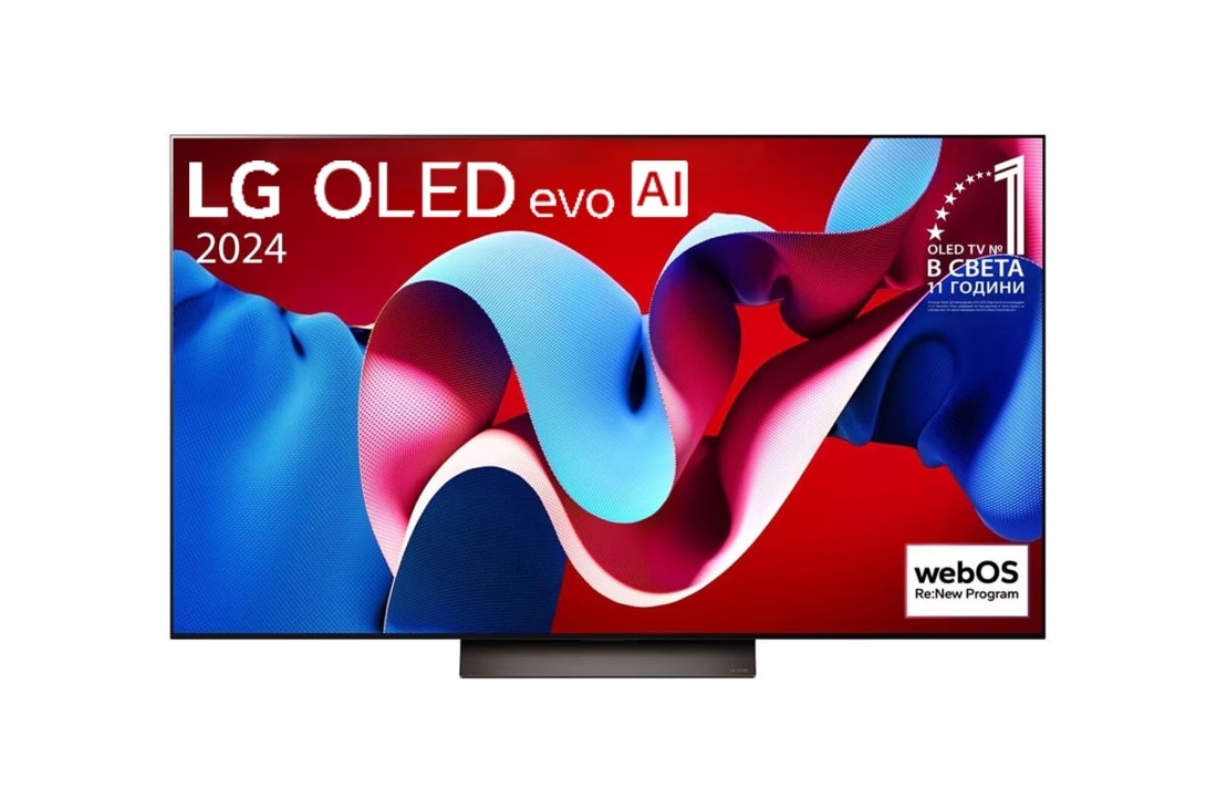 LG OLED evo AI C4 55-инчов 4K смарт телевизор 2024, Изглед отпред на LG OLED evo AI TV, OLED C4, 11 години номер 1 в света, лого с емблемата OLED и webOS Re:New Program на екрана, OLED55C41LA