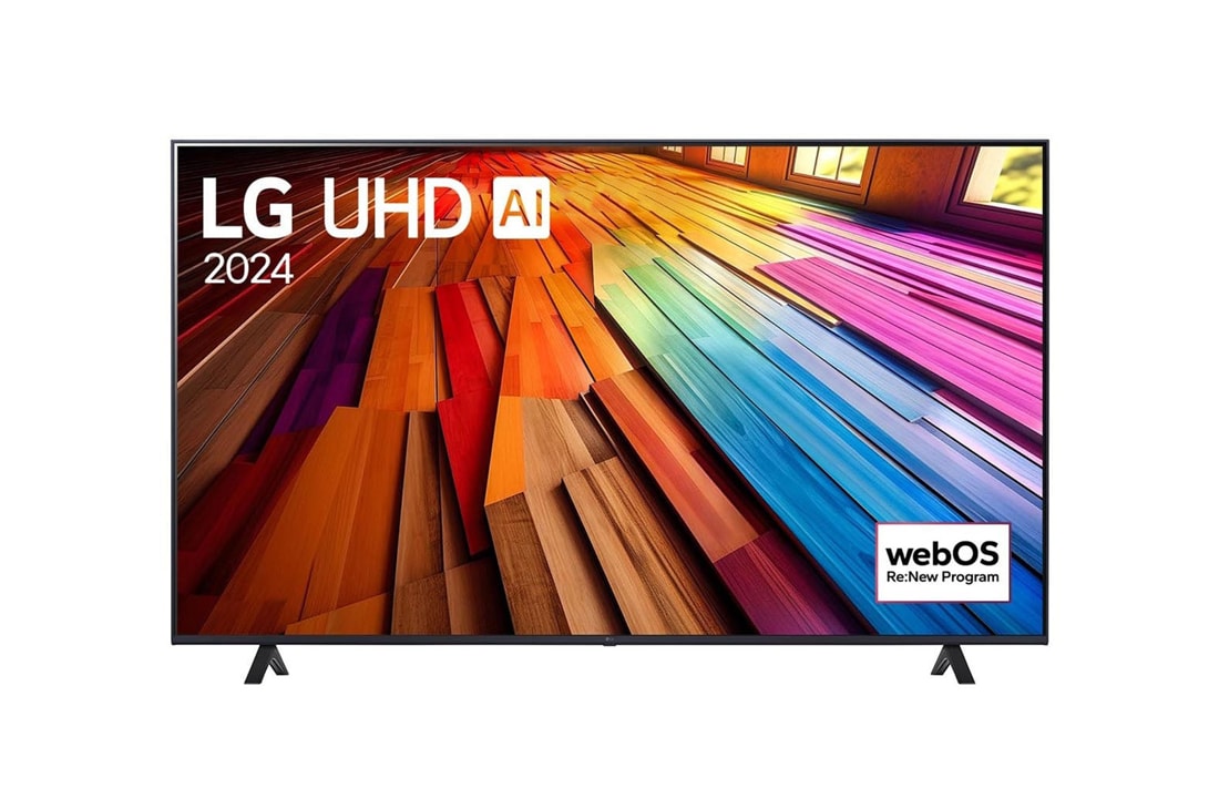 LG 75-инчов LG UHD AI UT80 4K смарт телевизор 2024, Изглед отпред на LG UHD TV, UT80 с текст на LG UHD AI ThinQ и 2024 на екрана, 75UT80003LA