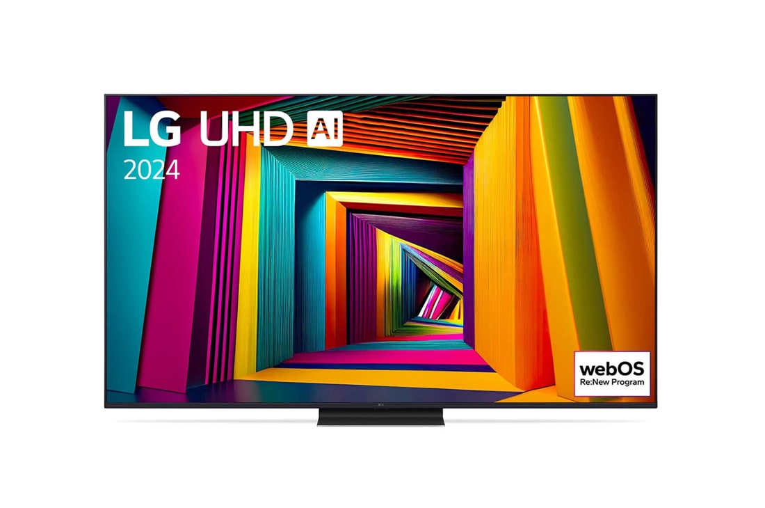 LG 65-инчов LG UHD AI UT91 4K Smart TV 2024, Изглед отпред на LG UHD TV, UT91 с текст на LG UHD AI ThinQ и 2024 на екрана, 65UT91003LA