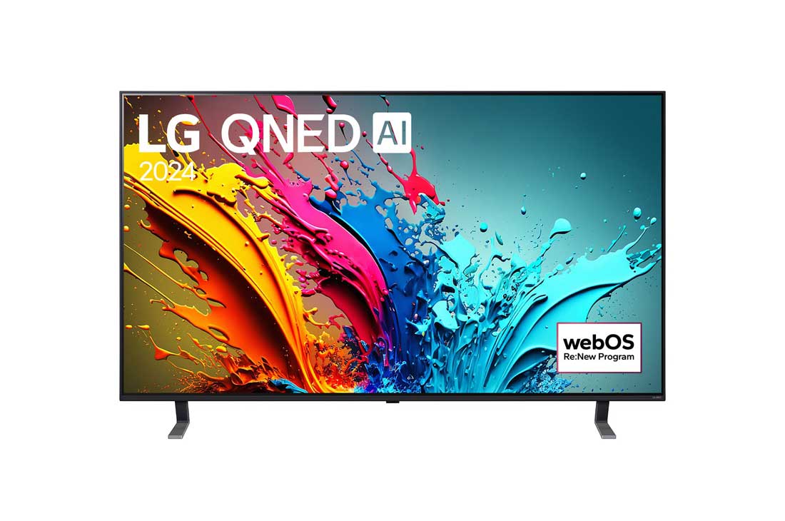 LG 65-инчов LG QNED AI QNED85 4K Smart TV 2024, LG QNED TV, QNED85 elölnézete az LG QNED, 2024 szöveggel és a webOS Re:New Program logóval a képernyőn, 65QNED85T3C