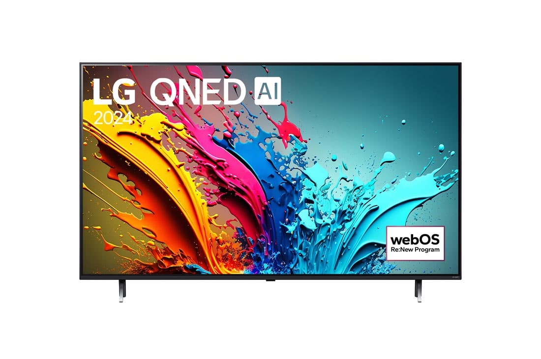 LG 65-инчов LG QNED AI QNED86 4K Smart TV 2024, LG QNED TV, QNED85 elölnézete az LG QNED, 2024 szöveggel és a webOS Re:New Program logóval a képernyőn, 65QNED86T3A