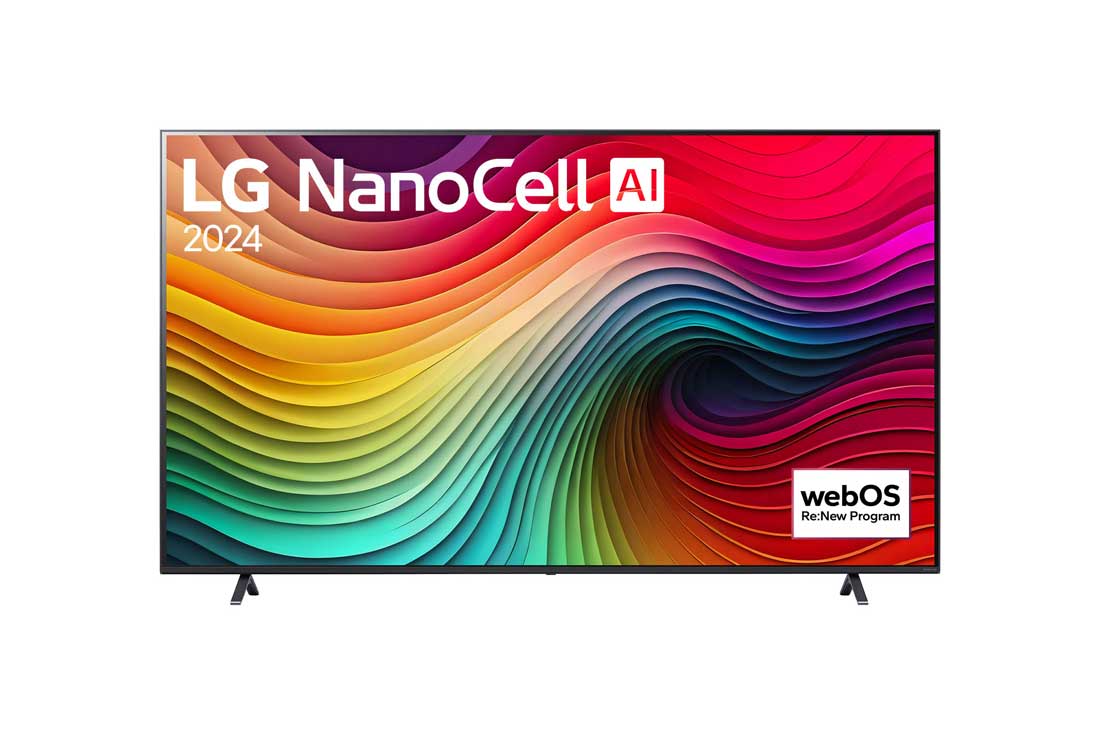 LG 86 инчов LG NanoCell AI NANO81 4K смарт TV 2024, Изглед отпред на LG NanoCell TV, NANO81 с текст LG NanoCell, 2024, и логото на webOS Re:New Program на екрана, 86NANO81T3A