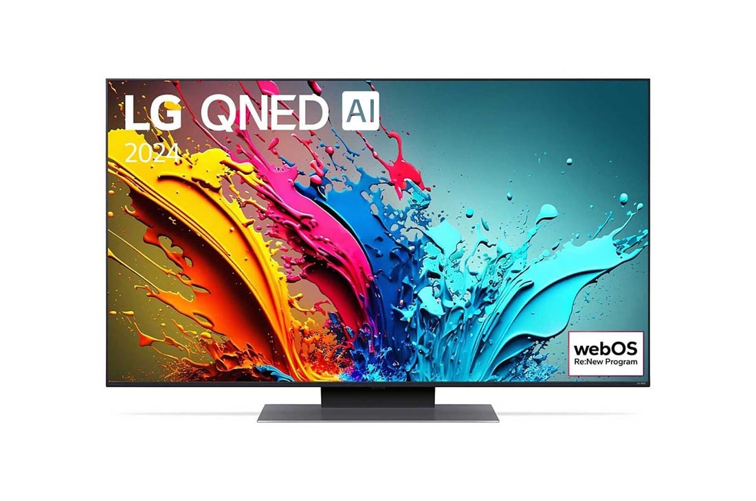 LG 50-инчов LG QNED AI QNED86 4K Smart TV 2024, LG QNED TV, QNED86 elölnézete az LG QNED, 2024 szöveggel és a webOS Re:New Program logóval a képernyőn, 50QNED86T3A