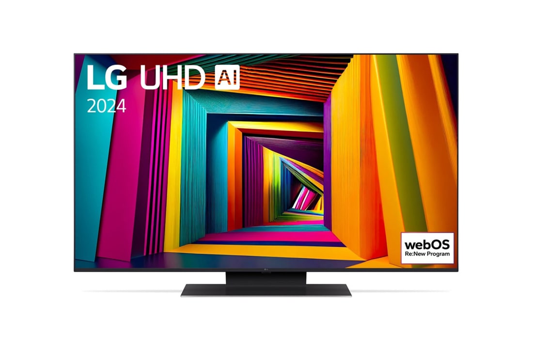 LG 50-инчов LG UHD AI UT91 4K Smart TV 2024, Изглед отпред на LG UHD TV, UT90 с текст LG UHD AI ThinQ, 2024, и логото на webOS Re:New Program на екрана, 50UT91003LA