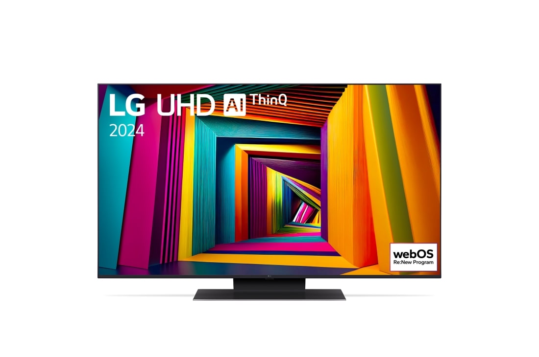 LG 50-инчов LG UHD UT91 4K Smart TV 2024, Изглед отпред на LG UHD TV, UT90 с текст LG UHD AI ThinQ, 2024, и логото на webOS Re:New Program на екрана, 50UT91003LA