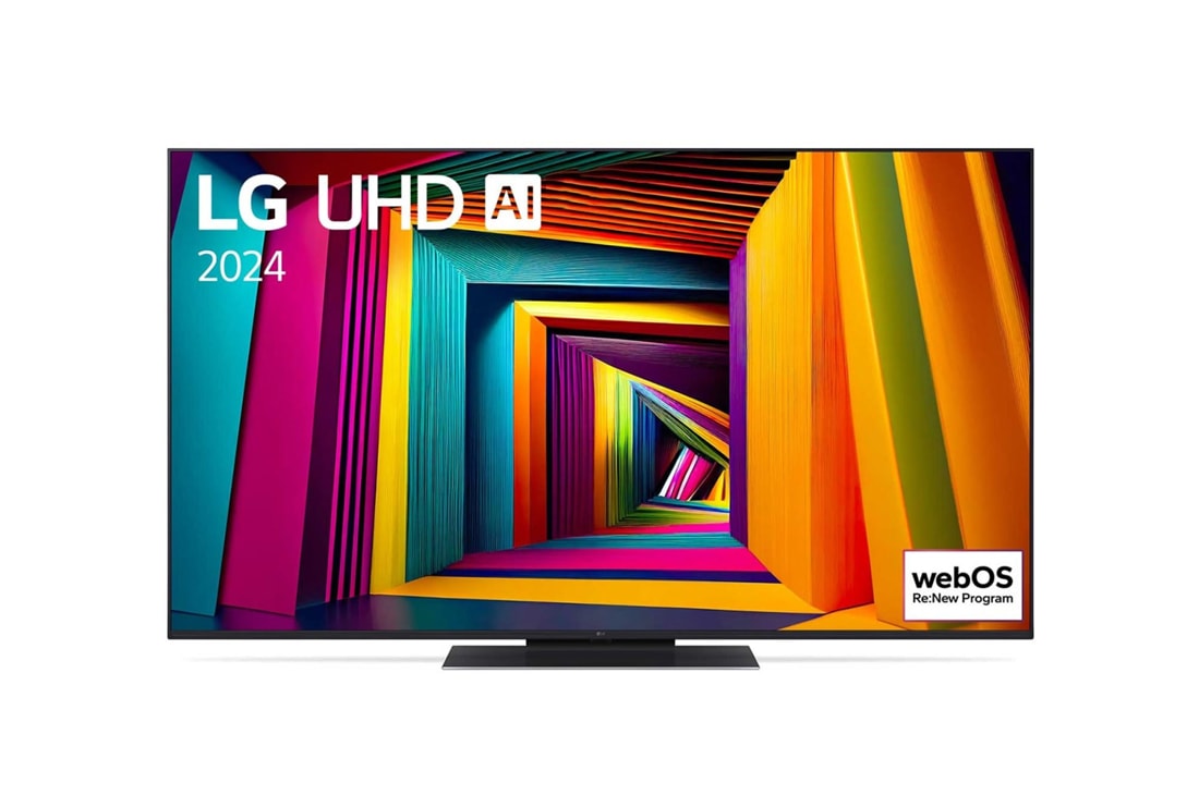 LG 55-инчов LG UHD AI UT91 4K Smart TV 2024, Изглед отпред на LG UHD TV, UT90 с текст LG UHD AI ThinQ, 2024, и логото на webOS Re:New Program на екрана, 55UT91003LA