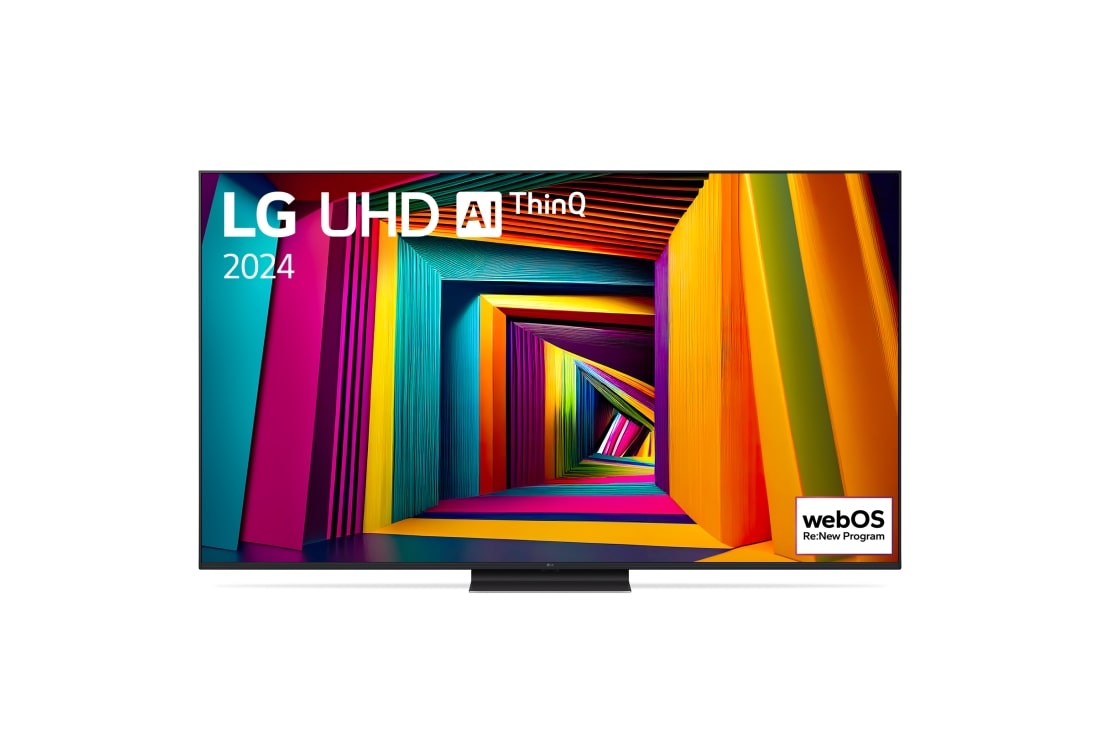 LG 75-инчов LG UHD UT91 4K Smart TV 2024, Изглед отпред на LG UHD TV, UT90 с текст LG UHD AI ThinQ, 2024, и логото на webOS Re:New Program на екрана, 75UT91003LA
