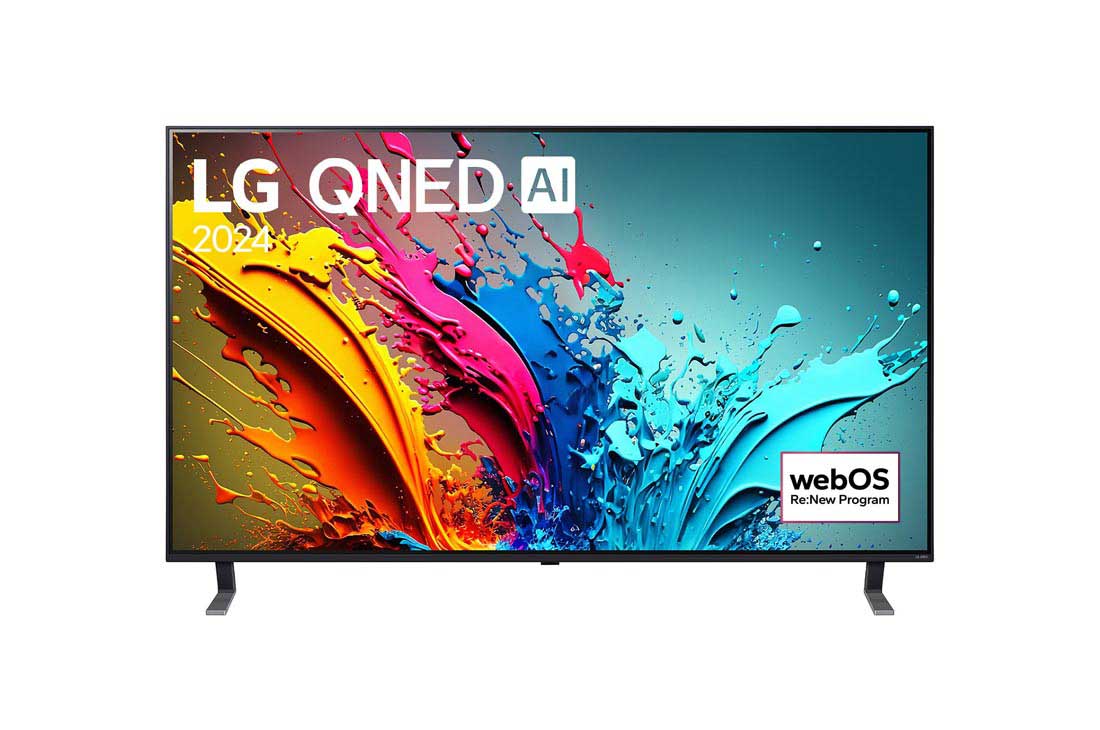 LG 55-инчов LG QNED AI QNED85 4K Smart TV 2024, LG QNED TV, QNED85 elölnézete az LG QNED, 2024 szöveggel és a webOS Re:New Program logóval a képernyőn, 55QNED85T3C