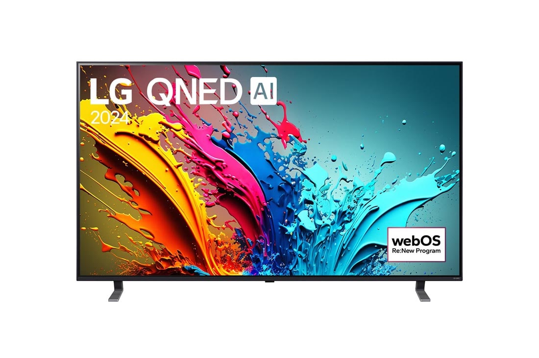 LG 75-инчов LG QNED AI QNED85 4K Smart TV 2024, LG QNED TV, QNED85 elölnézete az LG QNED, 2024 szöveggel és a webOS Re:New Program logóval a képernyőn, 75QNED85T3C