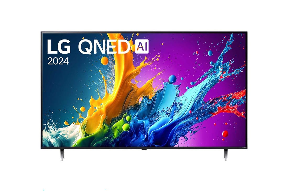 LG 75-инчов LG QNED AI QNED80 4K Smart TV 2024, LG QNED TV, QNED80 elölnézete az LG QNED, 2024 szöveggel és a webOS Re:New Program logóval a képernyőn, 75QNED80T3A