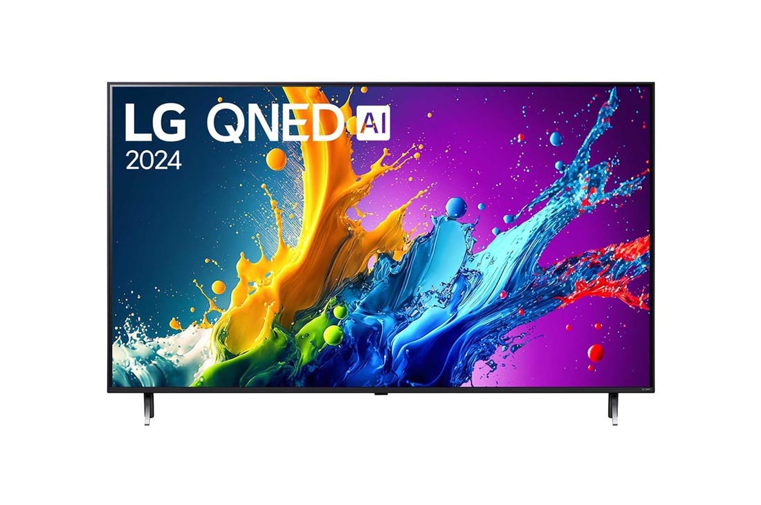 LG 55-инчов LG QNED AI QNED80 4K Smart TV 2024, LG QNED TV, QNED80 elölnézete az LG QNED, 2024 szöveggel és a webOS Re:New Program logóval a képernyőn, 55QNED80T3A