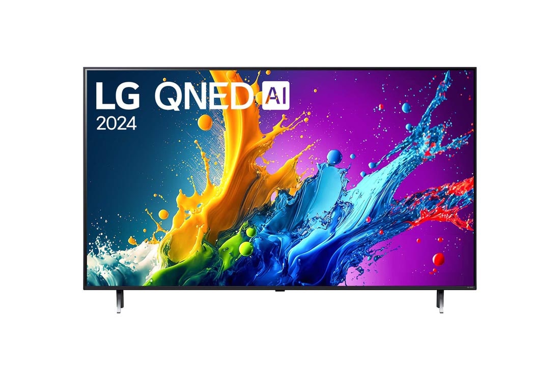 LG 50-инчов LG QNED AI QNED80 4K Smart TV 2024, LG QNED TV, QNED80 elölnézete az LG QNED, 2024 szöveggel és a webOS Re:New Program logóval a képernyőn, 50QNED80T3A