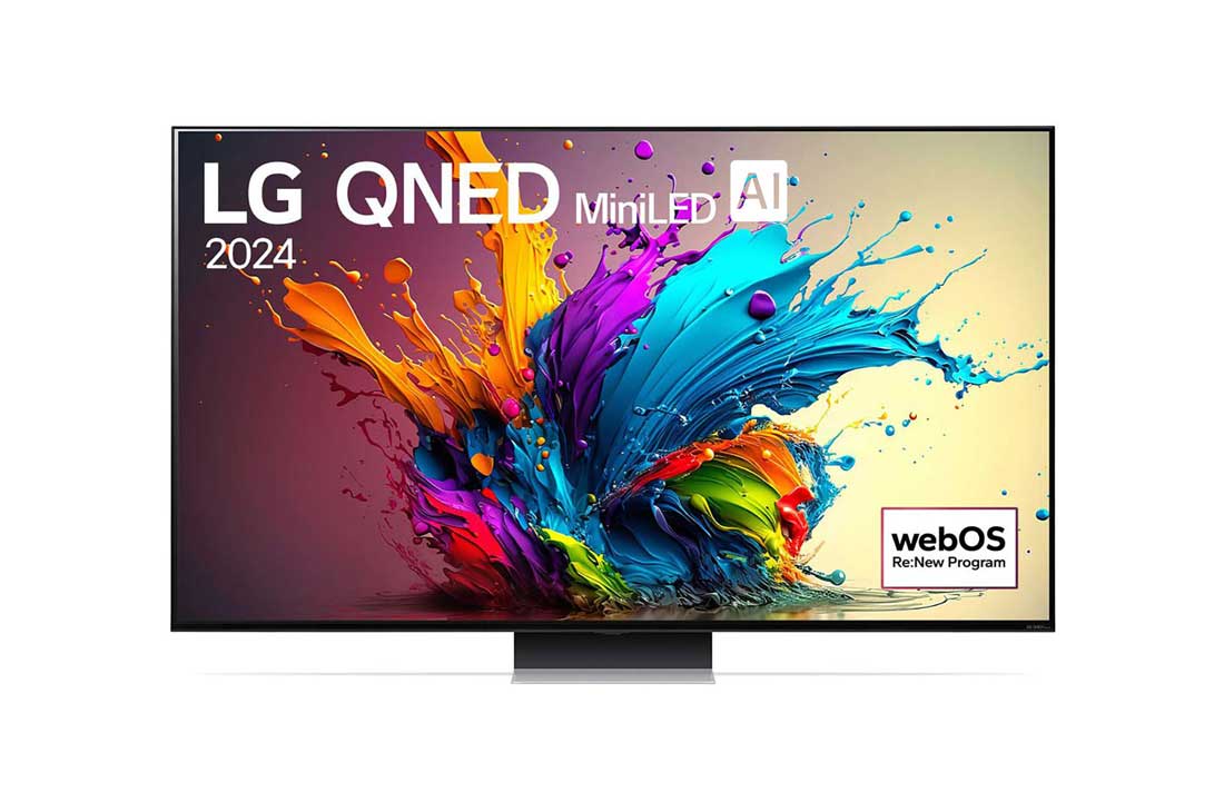 LG 86-инчов LG QNED AI QNED91 4K Smart TV 2024, Изглед отпред на LG QNED TV, QNED91 с текст LG QNED MiniLED, 2024, и логото на webOS Re:New Program на екрана, 86QNED91T3A