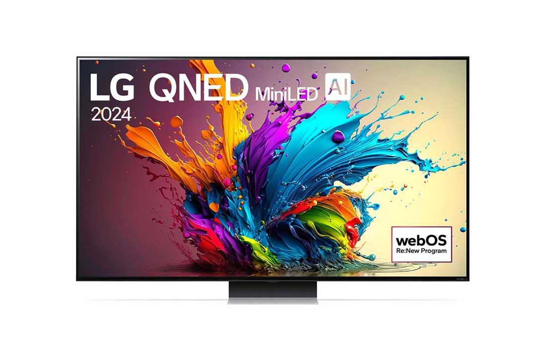 LG 75-инчов LG QNED AI QNED91 4K Smart TV 2024, Изглед отпред на LG QNED TV, QNED91 с текст LG QNED MiniLED, 2024, и логото на webOS Re:New Program на екрана, 75QNED91T3A