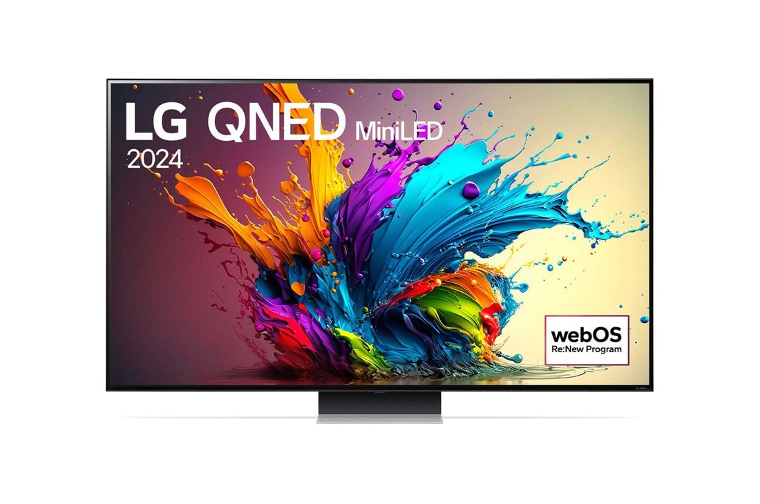 LG 75-инчов LG QNED91 4K Smart TV 2024, Изглед отпред на LG QNED TV, QNED91 с текст LG QNED MiniLED, 2024, и логото на webOS Re:New Program на екрана, 75QNED91T3A