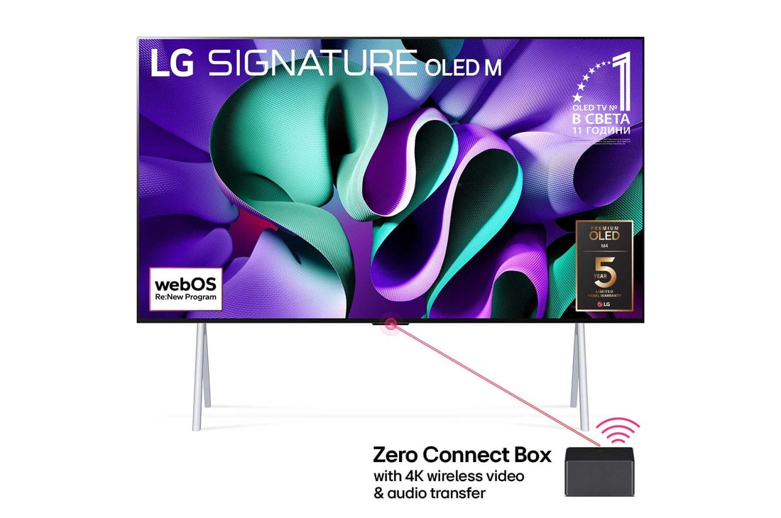 LG 97-инчов LG OLED SIGNATURE M4 4K Smart TV с безжична 4K свързаност 2024, Изглед отпред с LG OLED M4 на стойката и Zero Connect Box отдолу, емблемата 11 години OLED номер 1 в света, логото на webOS Re:New Program и логото на 5-годишната грижа за панела на екрана, OLED97M49LA