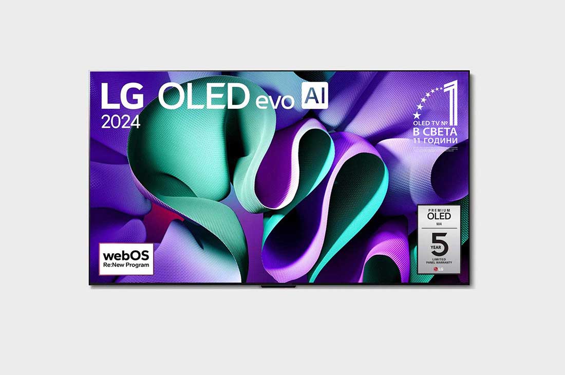 LG 83-инчов LG OLED evo M4 4K смарт телевизор 2024, Изглед отпред на телевизора LG OLED evo, OLED M4, емблемата на 11 години OLED номер 1 в света, логото на webOS Re:New Program и Zero Connect Box с 4K 144Hz безжичен пренос на видео и аудио, свързана к, OLED83M49LA