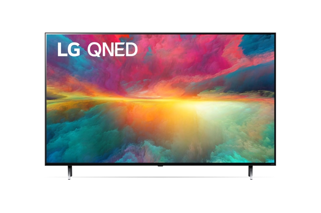 LG 55-инчов LG QNED77 4K смарт телевизор от 2023 година, Изглед отпред на телевизора LG QNED с изображение и лого на продукта, 55QNED773RB