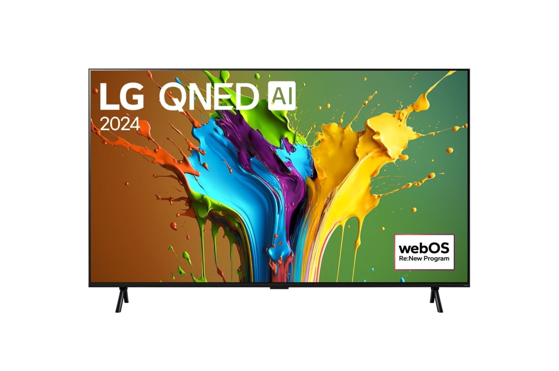 LG 98-инчов LG QNED AI QNED89 4K Smart TV 2024, Изглед отпред на LG QNED TV, QNED89 с текст LG QNED, 2024, и логото на webOS Re:New Program на екрана, 98QNED89T6A