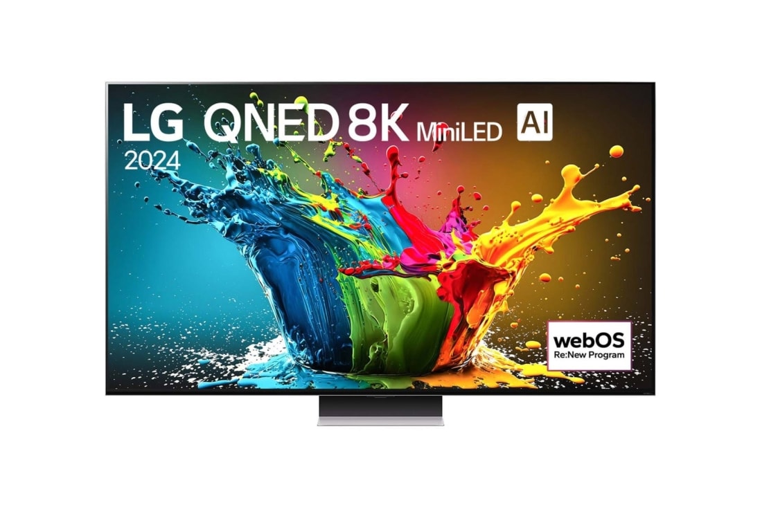 LG 75 инча LG QNED MiniLED AI QNED99 8K Смарт TV 2024, Изглед отпред на LG QNED TV, QNED99 с текст LG QNED 8K MiniLED, 2025, и логото на webOS Re:New Program на екрана, 75QNED99T9B