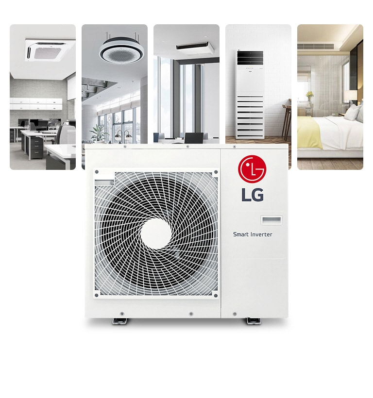 Muestra una unidad exterior LG Smart Inverter en el centro, con varios casos de instalación de unidades interiores por detrás.