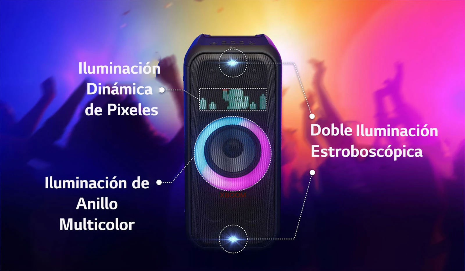 Vista frontal del altavoz. Hay una línea que indica cada parte de la iluminación. En la parte superior e inferior, iluminación estroboscópica doble. En el medio, se enciende una iluminación de anillo multicolor con degradado rosa y cian.