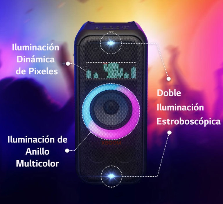 Vista frontal del altavoz. Hay una línea que indica cada parte de la iluminación. En la parte superior e inferior, iluminación estroboscópica doble. En el medio, se enciende una iluminación de anillo multicolor con degradado rosa y cian.