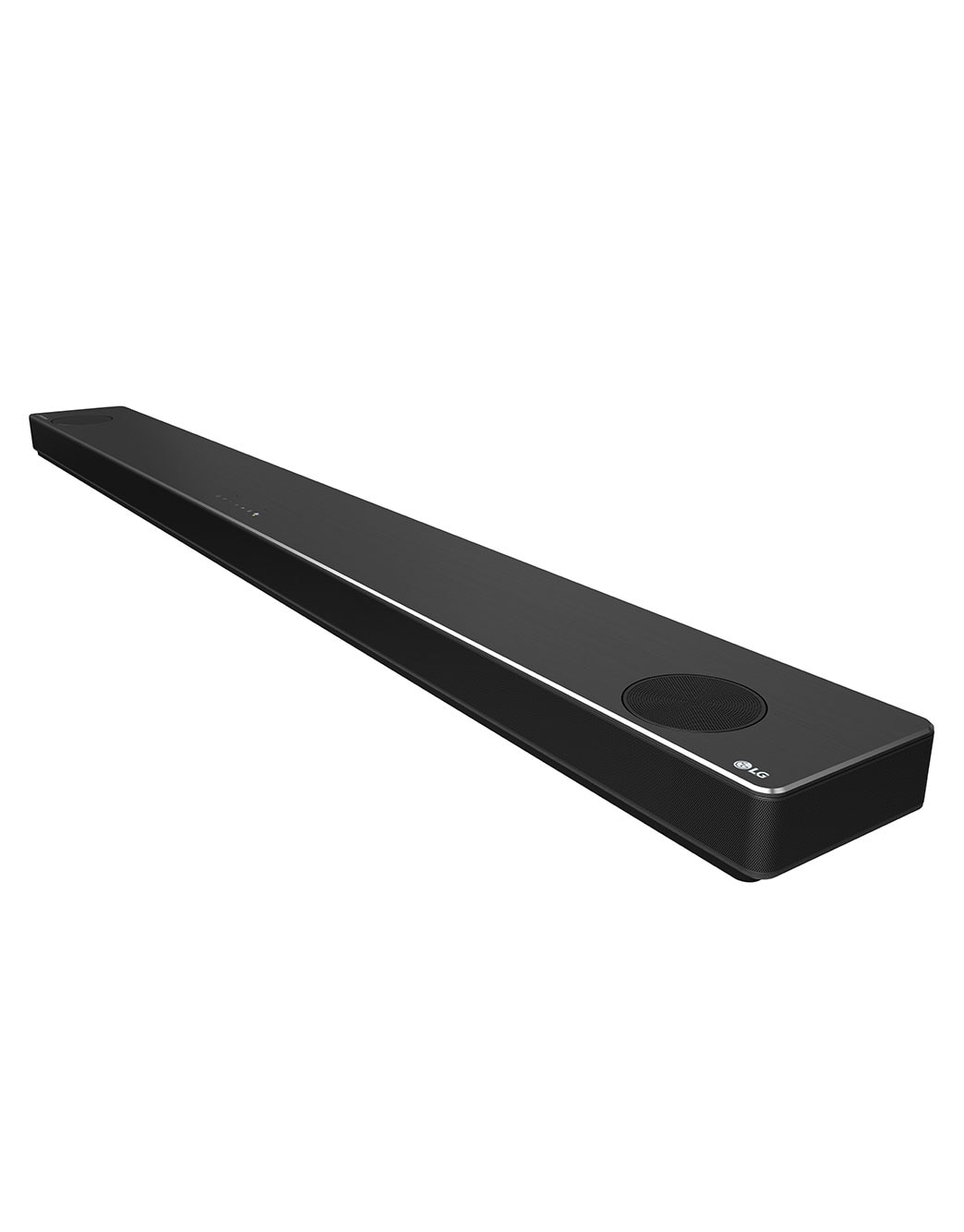 LG SN11RG Barra de Sonido de 7.1.4 Canales de Audio de Alta Resolución con Dolby Atmos®, 770W de potencia, Bocinas con Sonido Envolvente y Asistente de Google integrado., vista en diagonal con lado derecho hacia adelante, SN11RG