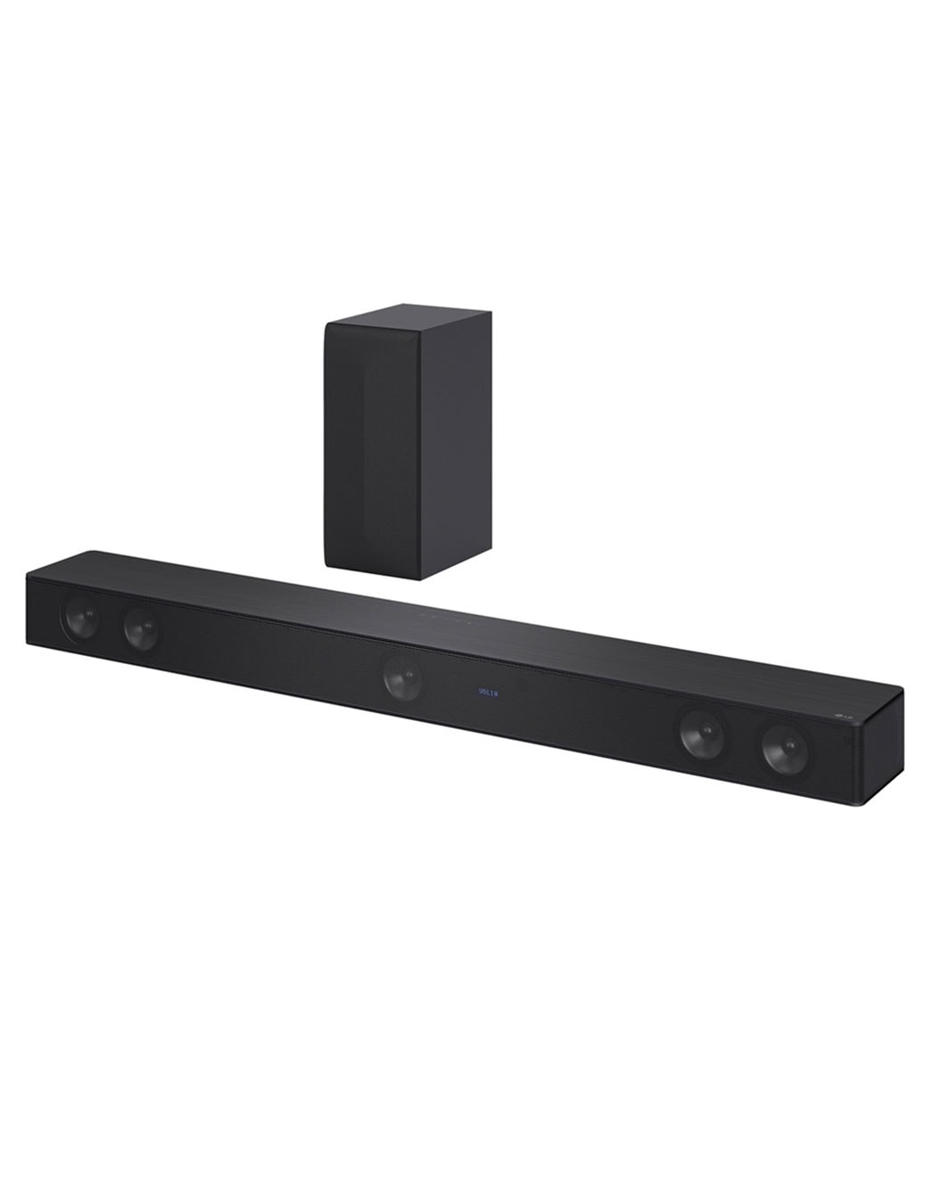 LG Barra de sonido máxima potencia 800 watts,  5.1 canales, DTS Virtual:X, Control por App, Subwoofer inalámbrico, HDMI Arc., vista en diagonal de la barra de sonido con el altavoz de subgraves, SH7Q