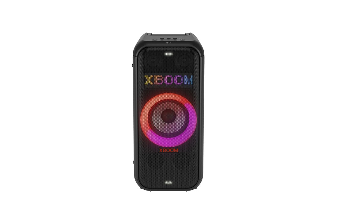 LG XBOOM XL5T bocina bluetooth con sonido de fiesta de 200 W, Front view with all lighting on. On the Dynamic Pixel Lighting panel, it shows the text; XBOOM., XL5T