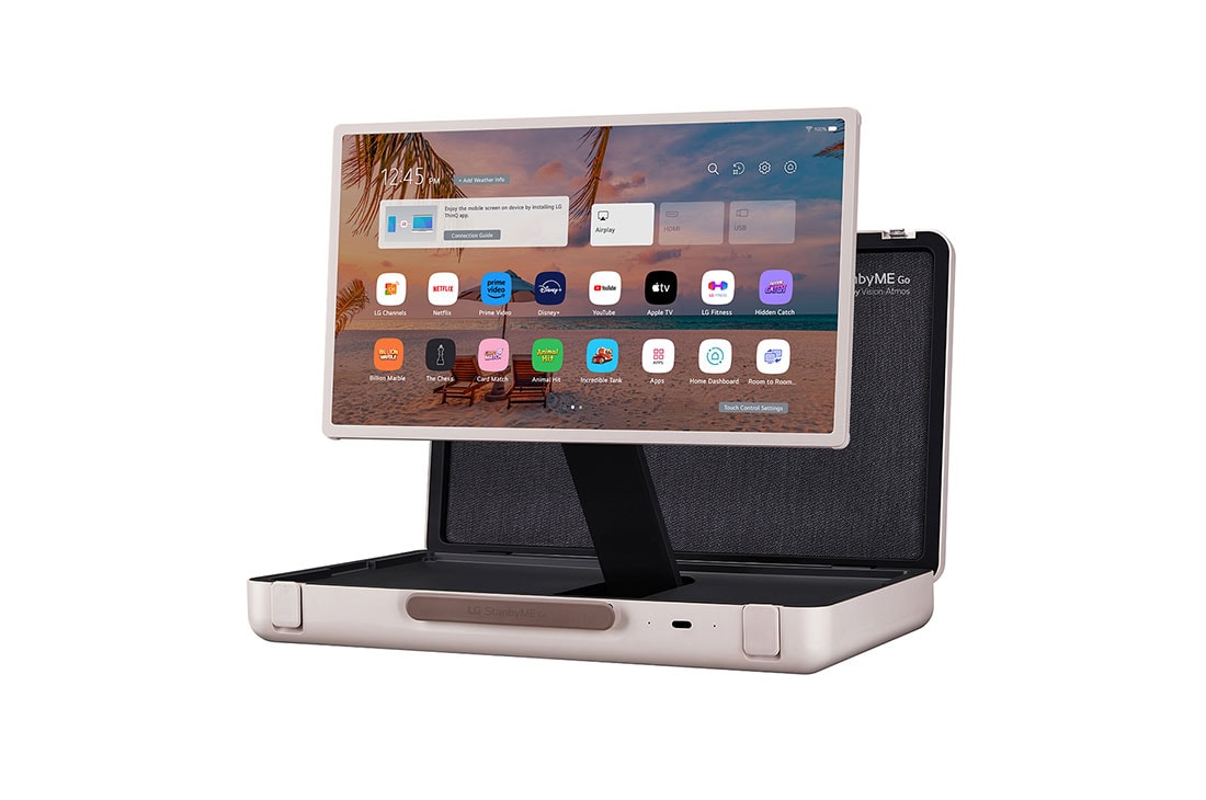 LG StanbyME Go 27'' Portátil Smart TV con ThinQ AI (Inteligencia Artificial), Vista lateral de 47 grados del modo horizontal con la altura de la pantalla ajustada mostrando la pantalla de inicio, 27LX5QKNA